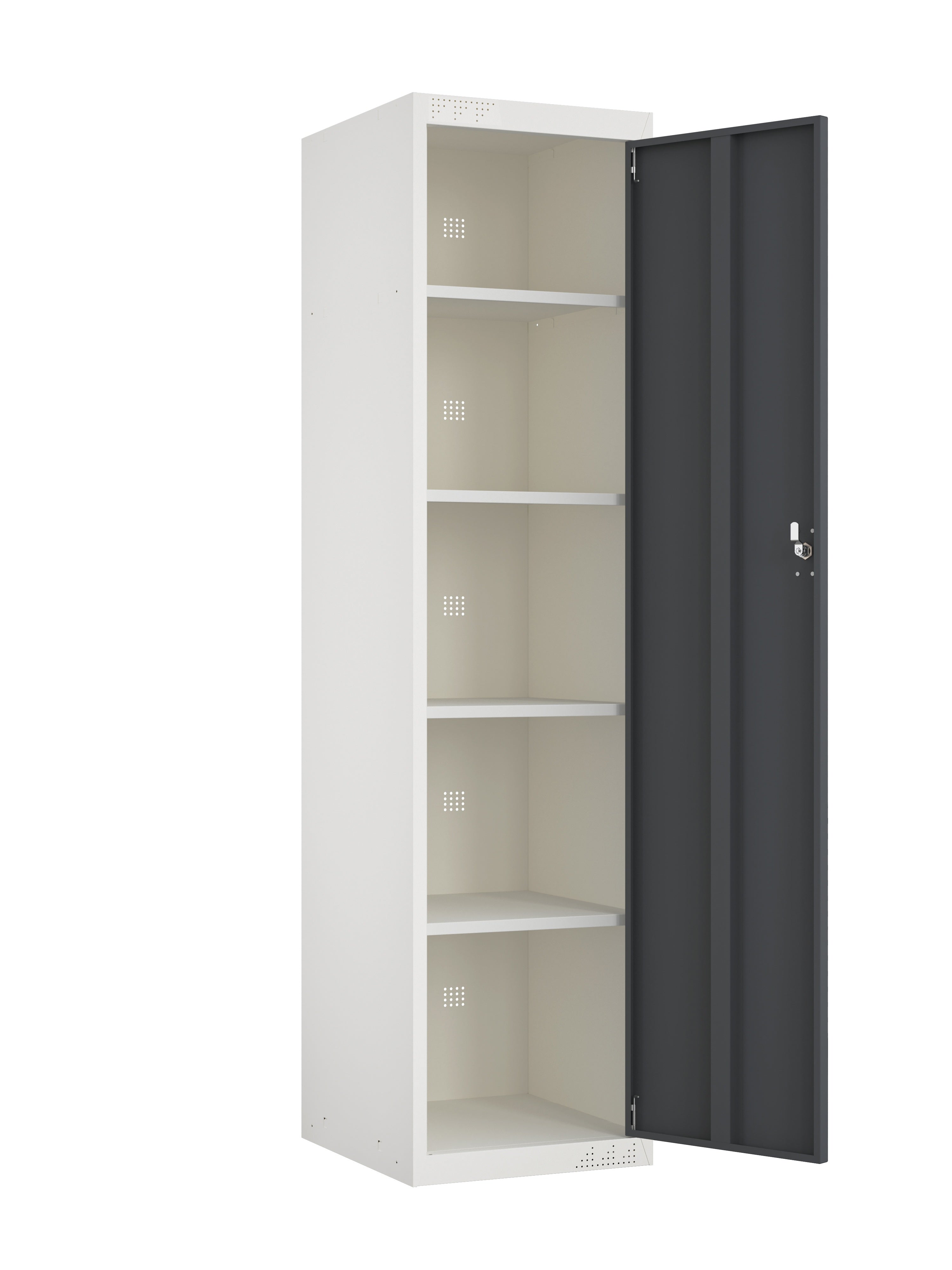 KDS Flat Pack Storage Locker 17.7”W x19.7”D x 71”H Main Unit with key lock - 4 Shelves - White-Basalt Gray